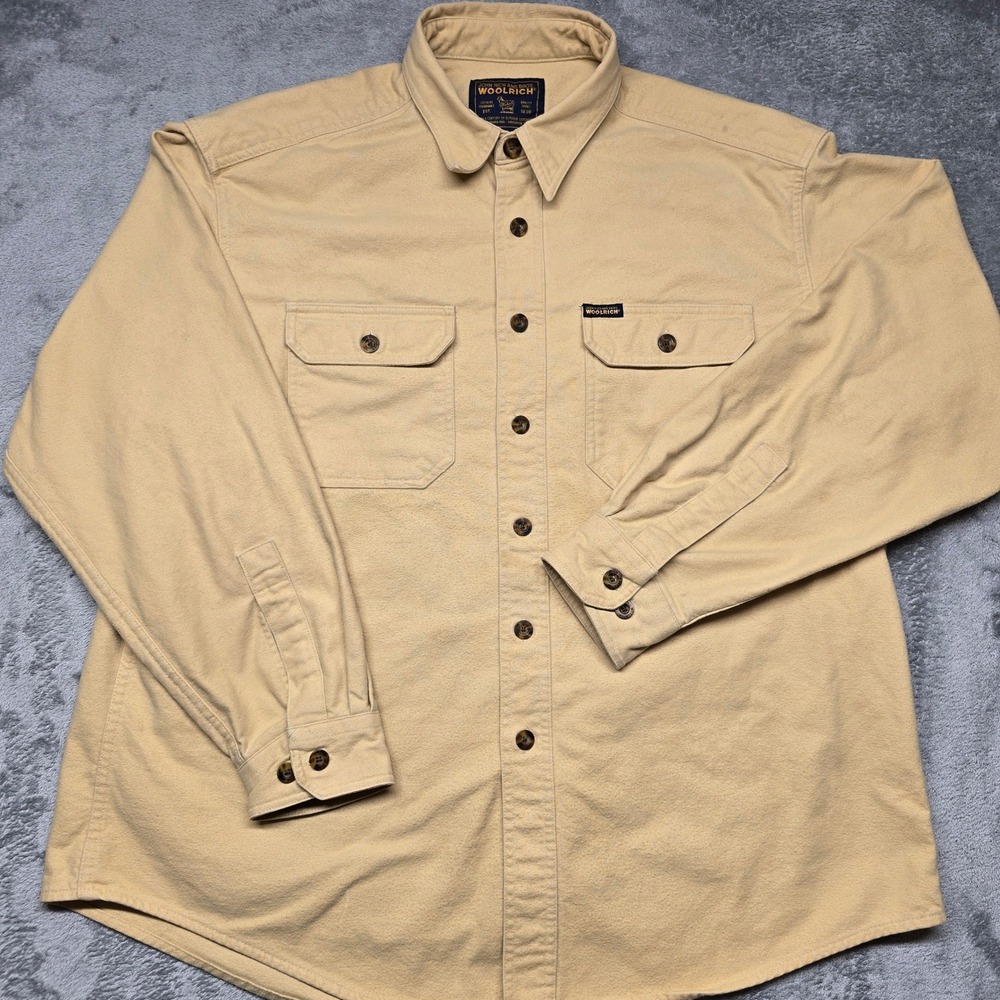 Woolrich Button Down Shirt Mens XL Tan John Rich and Bros Cotton Heavyweight